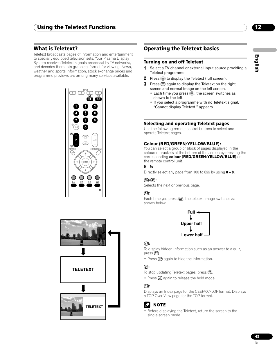 12 using the teletext functions, What is teletext? operating the teletext basics, What is teletext | Operating the teletext basics | Pioneer PDP-435FDE User Manual | Page 43 / 140