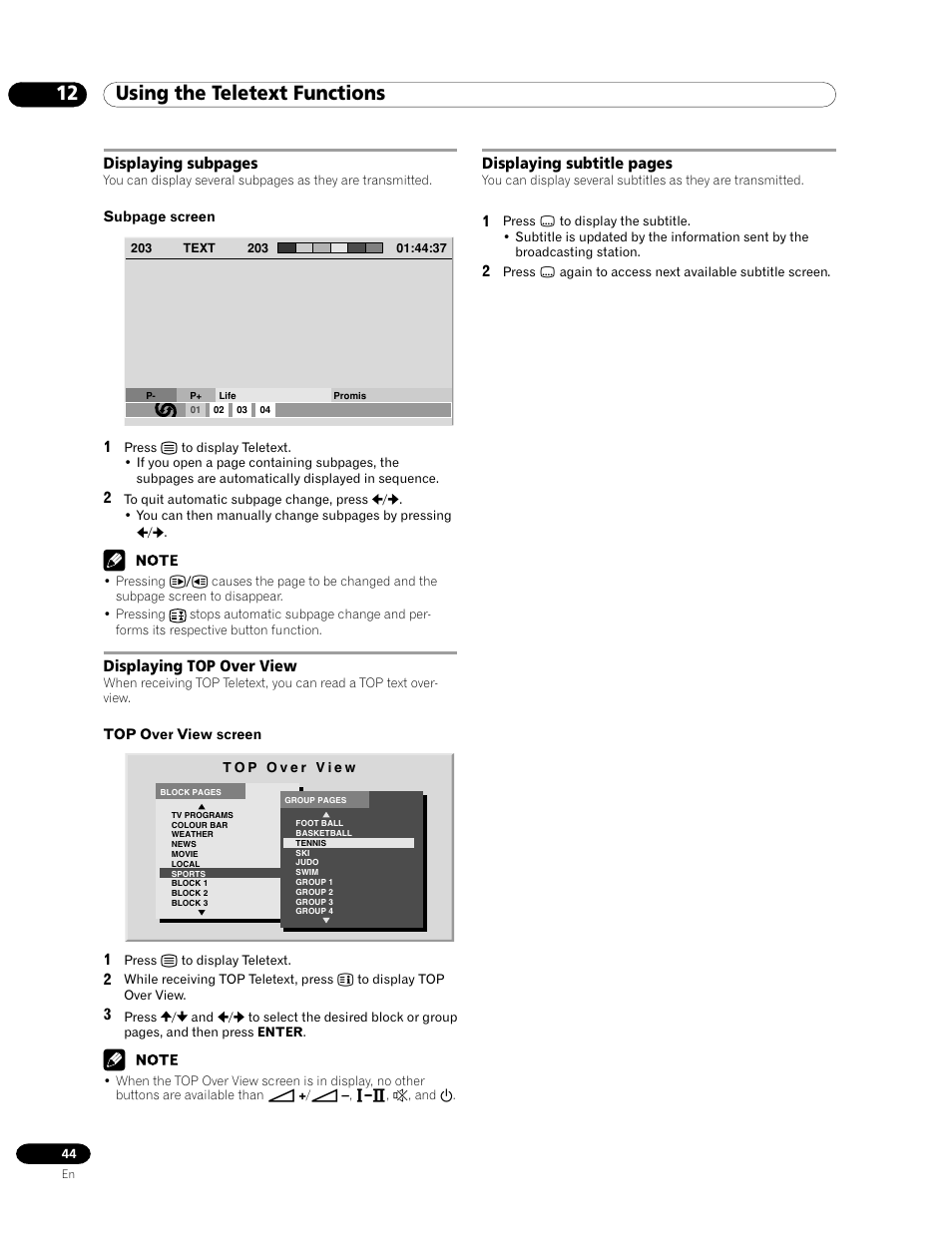 12 using the teletext functions, Displaying subpages, Displaying top over view | Displaying subtitle pages | Pioneer PDP-435FDE User Manual | Page 44 / 140