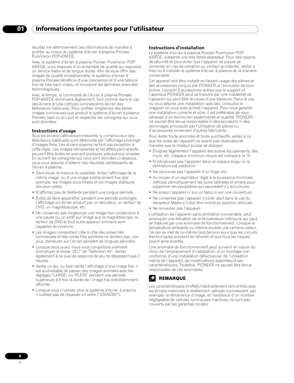 01 informations importantes pour l’utilisateur | Pioneer PDP-435FDE User Manual | Page 52 / 140