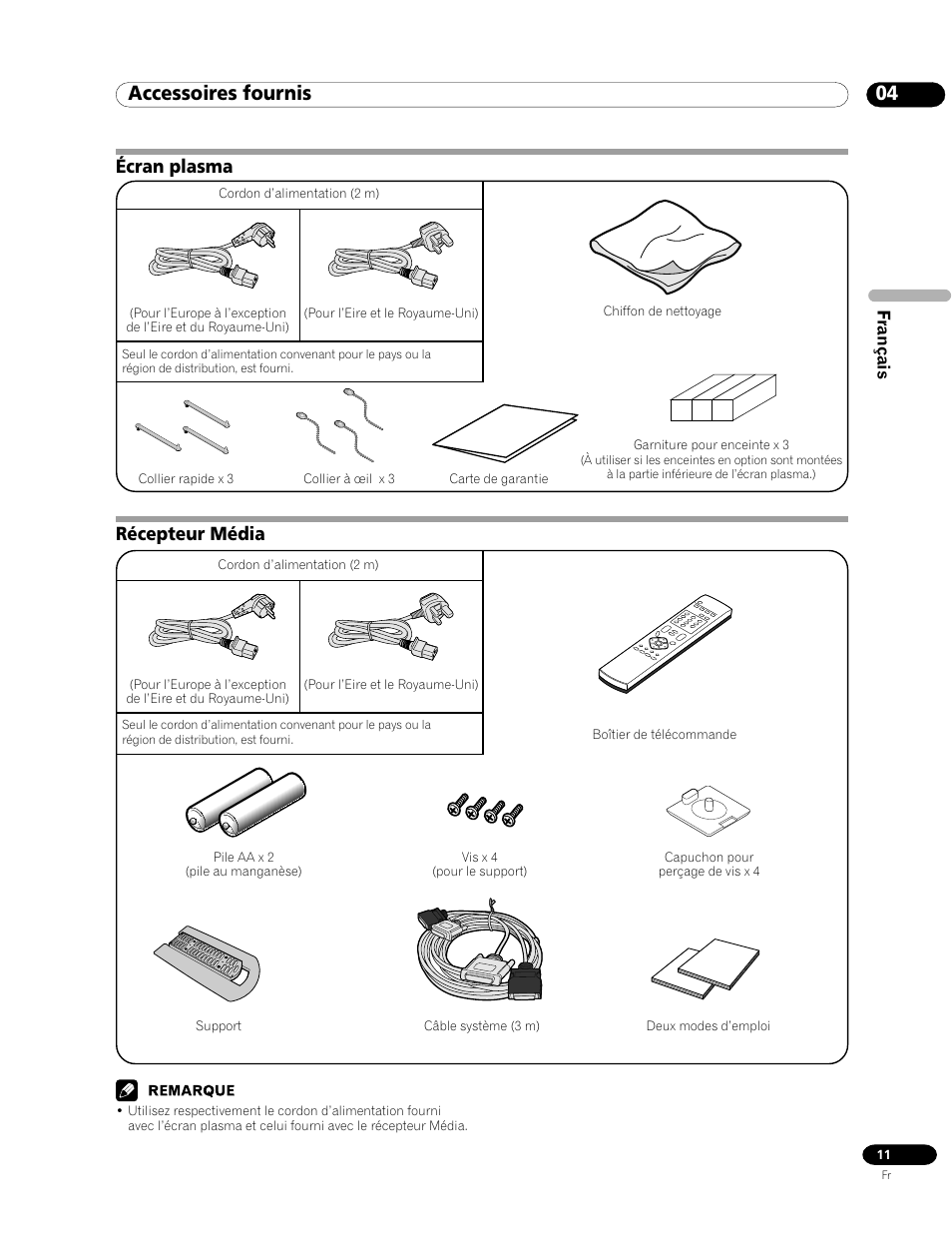 04 accessoires fournis, Écran plasma récepteur média, Récepteur média écran plasma | Pioneer PDP-435FDE User Manual | Page 57 / 140