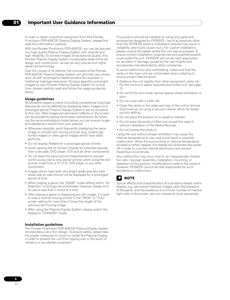 01 important user guidance information | Pioneer PDP-435FDE User Manual | Page 6 / 140