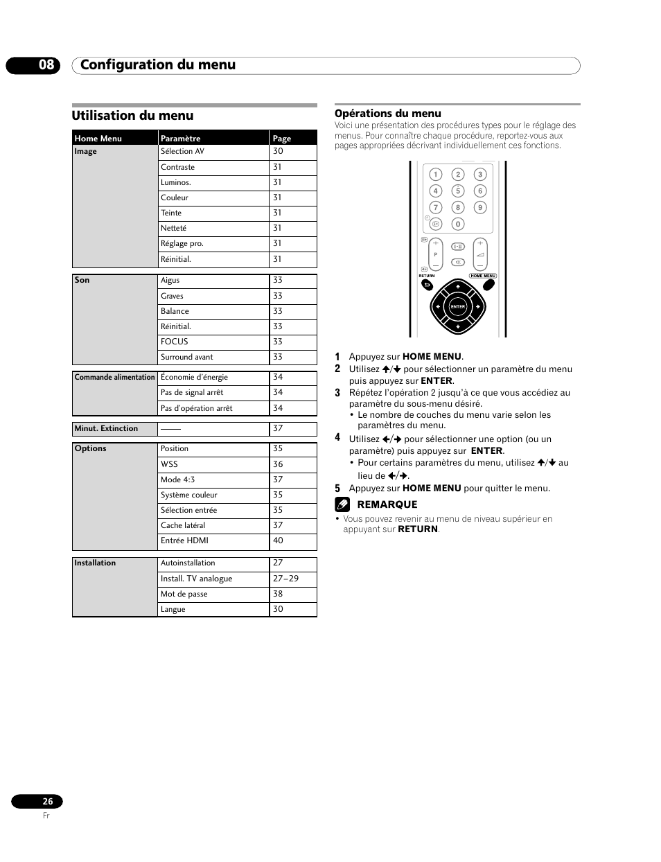 08 configuration du menu, Utilisation du menu, Opérations du menu | Pioneer PDP-435FDE User Manual | Page 72 / 140
