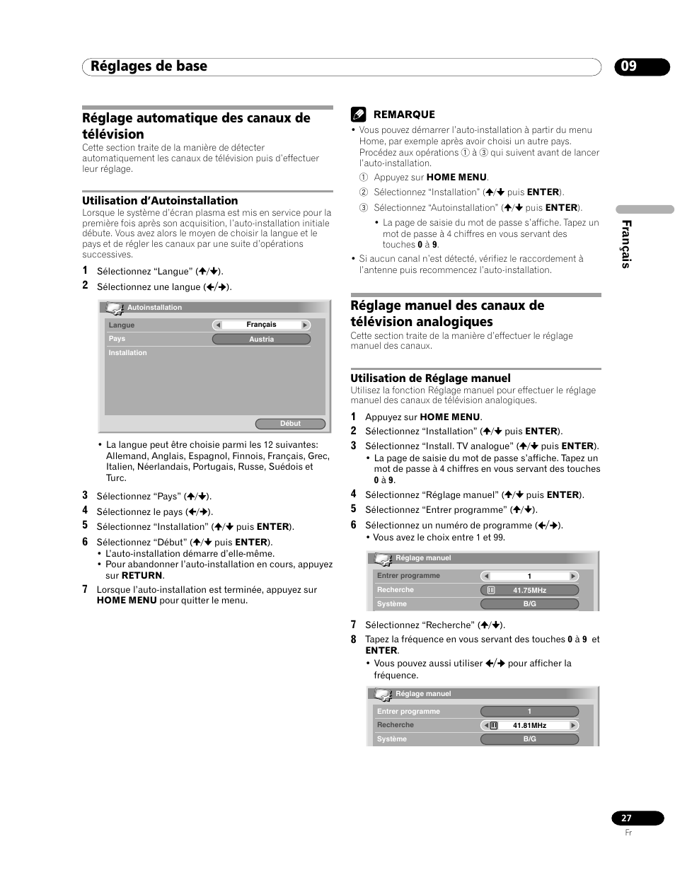 09 réglages de base, Réglage automatique des canaux de télévision, Utilisation d’autoinstallation | Utilisation de réglage manuel, Réglages de base, Français | Pioneer PDP-435FDE User Manual | Page 73 / 140