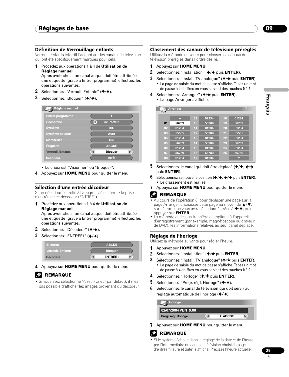 Réglages de base, Français, Définition de verrouillage enfants | Sélection d’une entrée décodeur, Classement des canaux de télévision préréglés, Réglage de l’horloge | Pioneer PDP-435FDE User Manual | Page 75 / 140