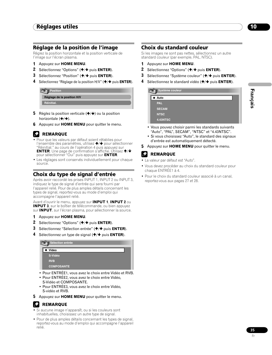 10 réglages utiles, Réglage de la position de l’image, Choix du type de signal d’entrée | Choix du standard couleur | Pioneer PDP-435FDE User Manual | Page 81 / 140