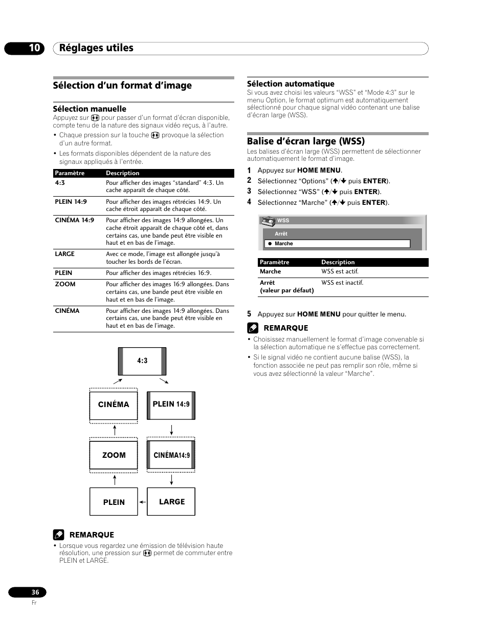 Sélection d’un format d’image, Sélection manuelle sélection automatique, Balise d’écran large (wss) | 10 réglages utiles | Pioneer PDP-435FDE User Manual | Page 82 / 140