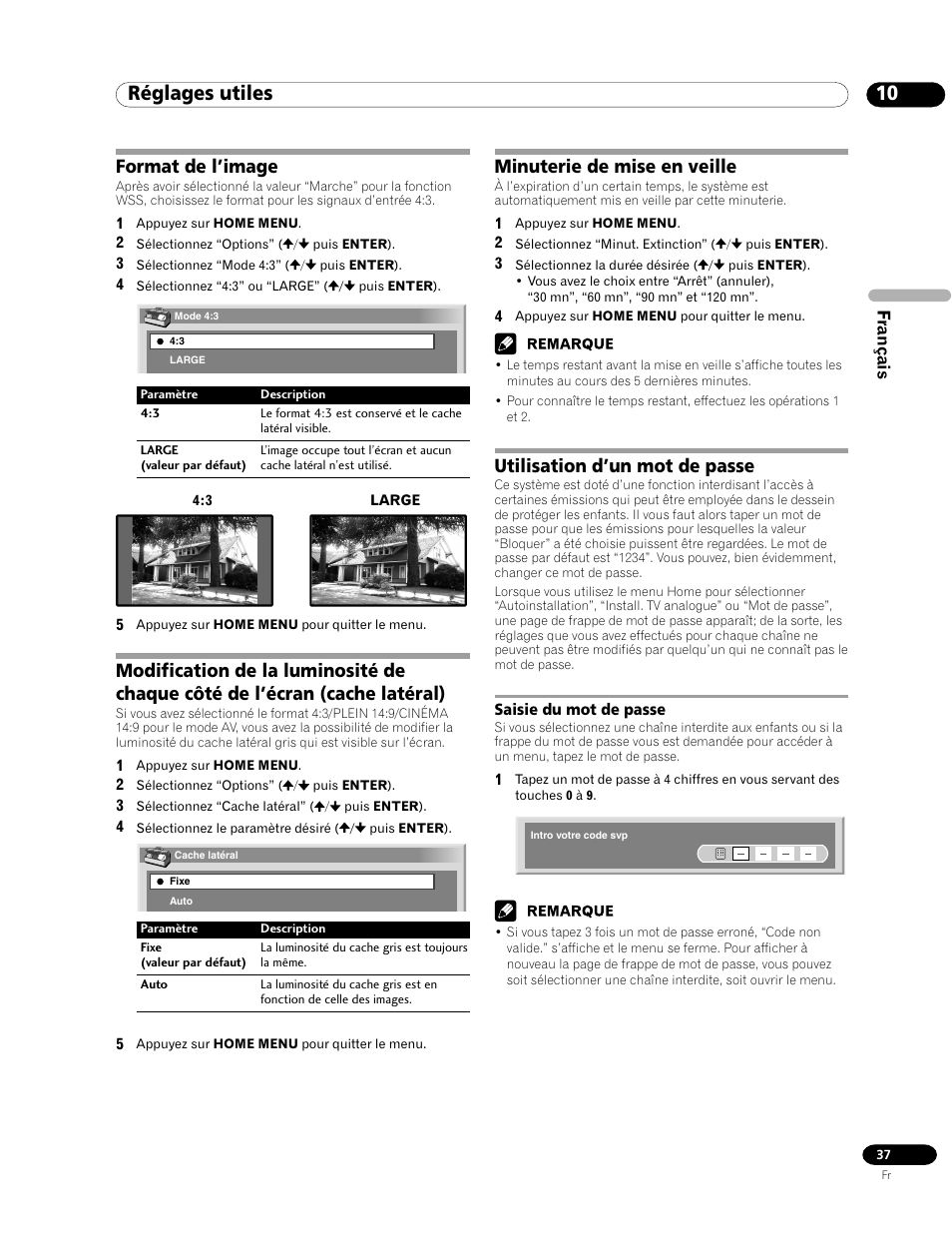 Saisie du mot de passe, 10 réglages utiles, Format de l’image | Minuterie de mise en veille, Utilisation d’un mot de passe | Pioneer PDP-435FDE User Manual | Page 83 / 140