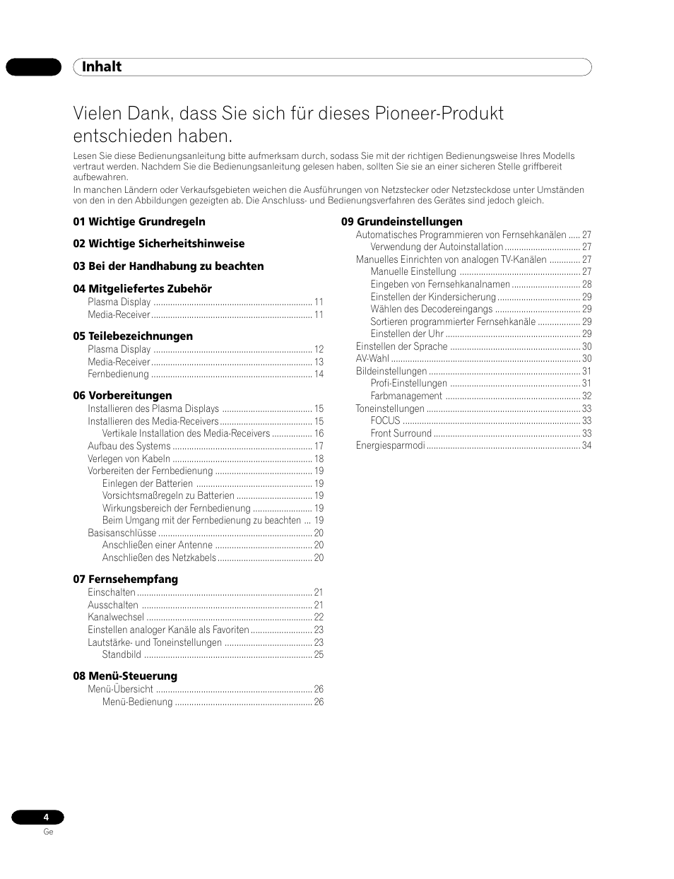 Bedienungsanleitung, Inhalt | Pioneer PDP-435FDE User Manual | Page 96 / 140