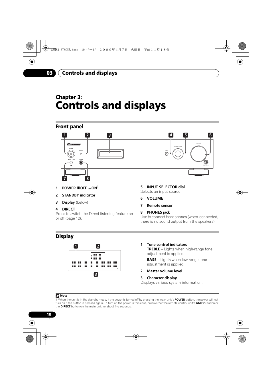 Front panel, Display, Controls and displays | Controls and displays 03, Chapter 3 | Pioneer A-A6MK2-K User Manual | Page 10 / 99
