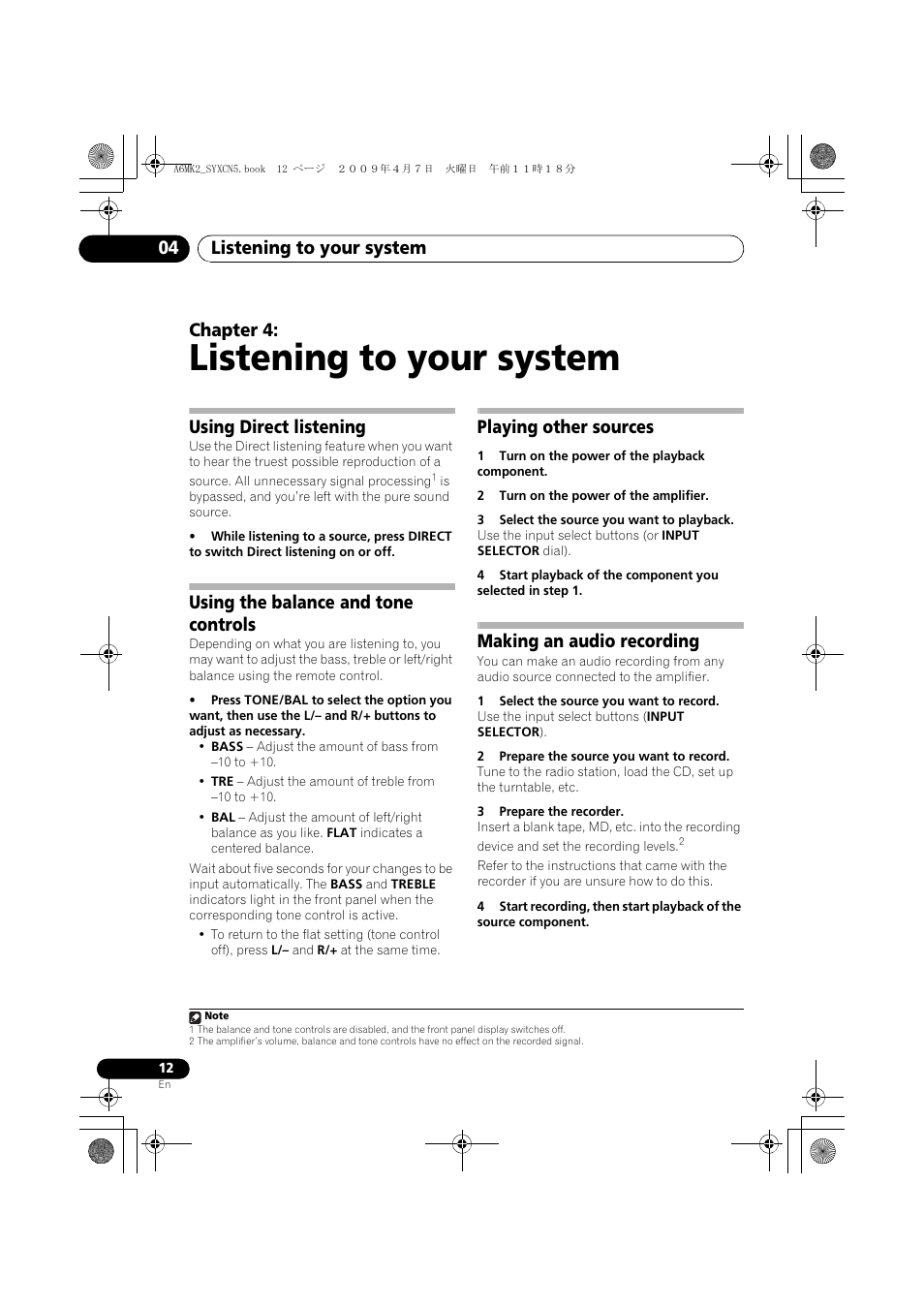 Using direct listening, Using the balance and tone controls, Playing other sources | Making an audio recording, Listening to your system, Listening to your system 04, Chapter 4 | Pioneer A-A6MK2-K User Manual | Page 12 / 99