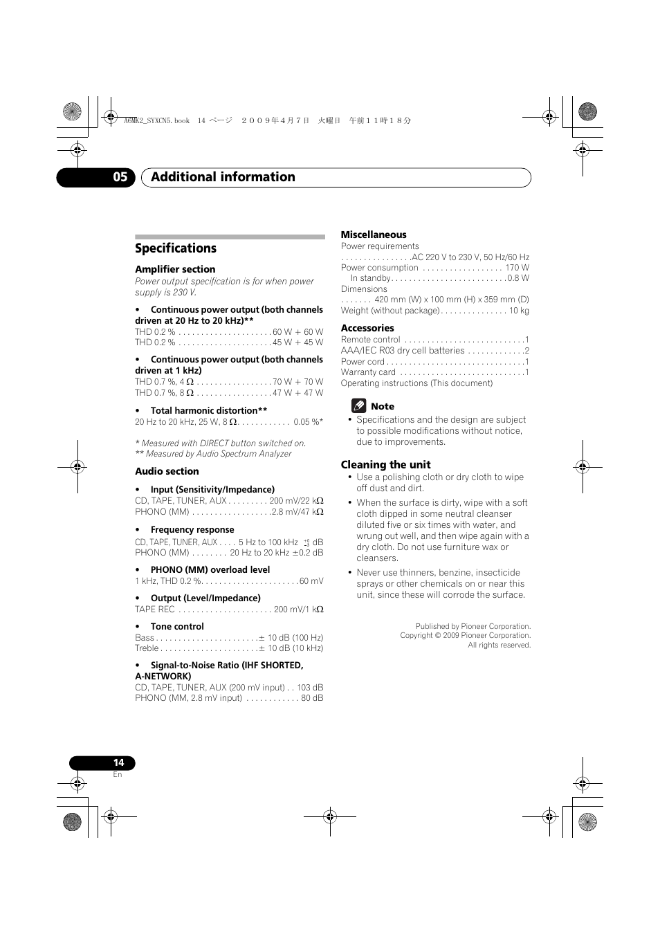Specifications, Cleaning the unit, Additional information 05 | Pioneer A-A6MK2-K User Manual | Page 14 / 99