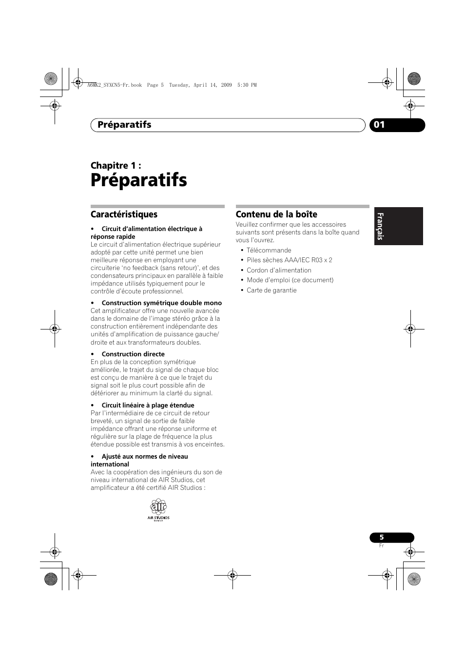 Caractéristiques, Contenu de la boîte, Préparatifs | Préparatifs 01, Chapitre 1 | Pioneer A-A6MK2-K User Manual | Page 19 / 99