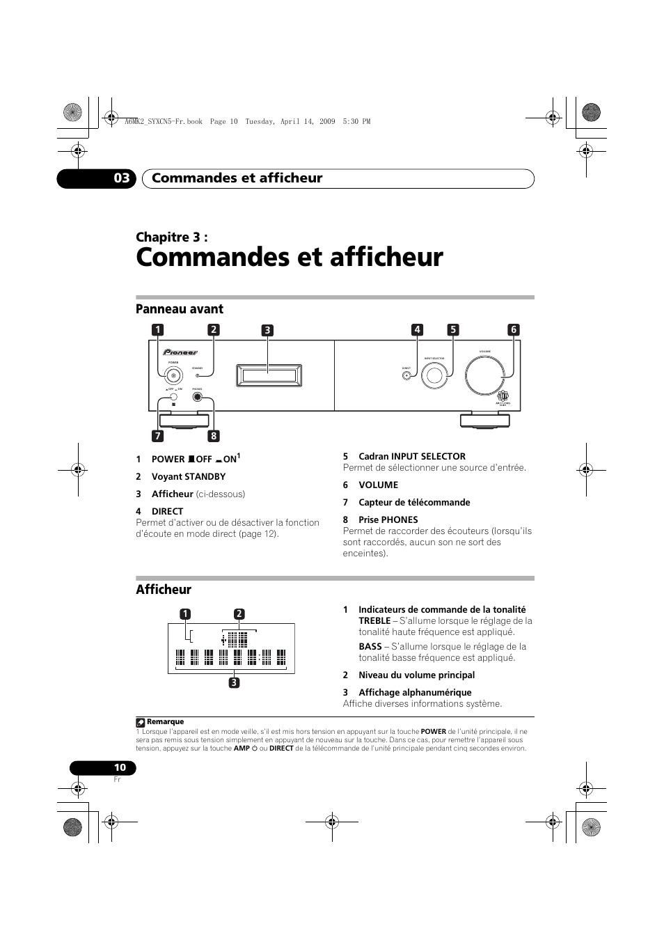 Panneau avant, Afficheur, Commandes et afficheur | Commandes et afficheur 03, Chapitre 3 | Pioneer A-A6MK2-K User Manual | Page 24 / 99