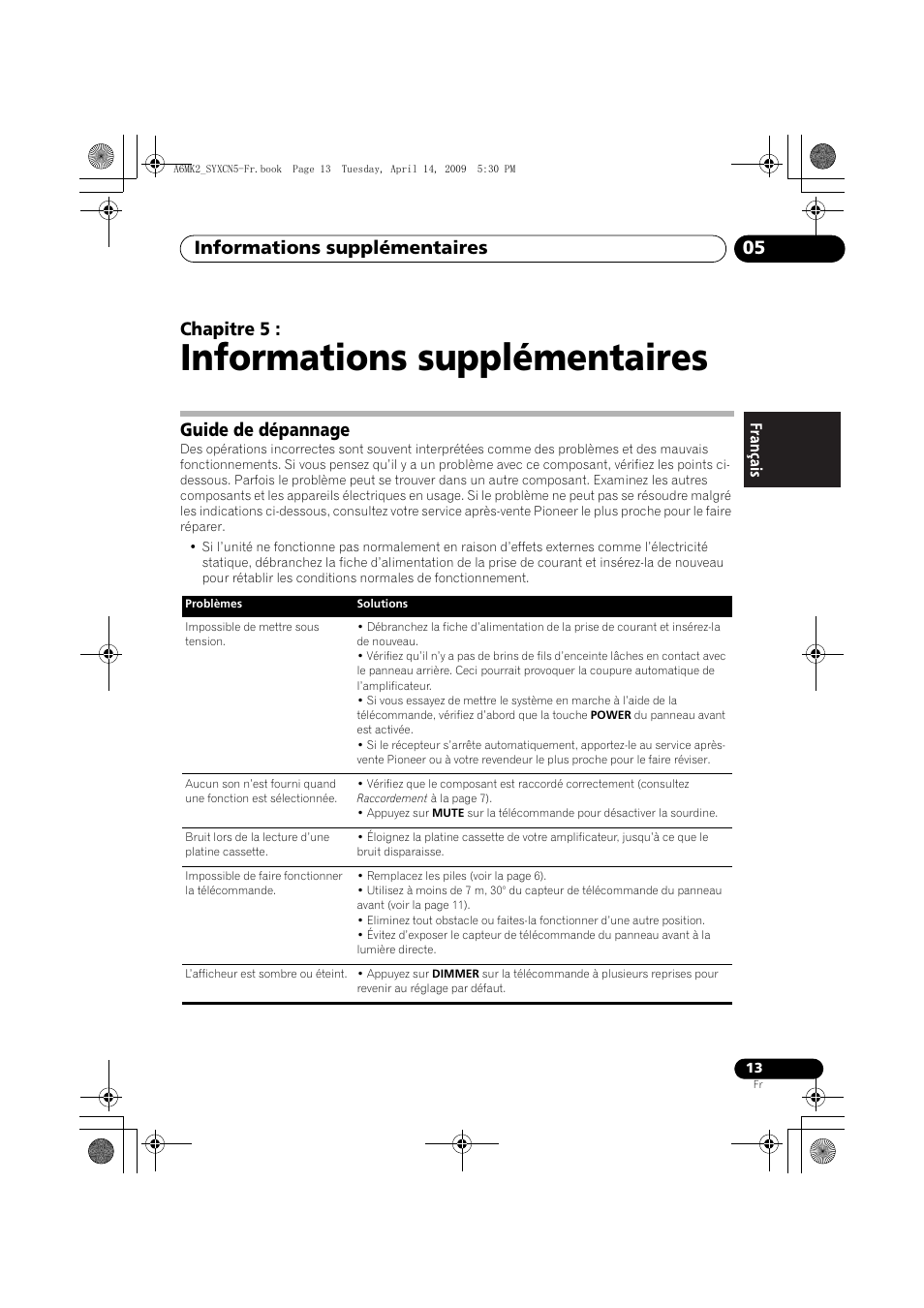 Guide de dépannage, Informations supplémentaires, Informations supplémentaires 05 | Chapitre 5 | Pioneer A-A6MK2-K User Manual | Page 27 / 99