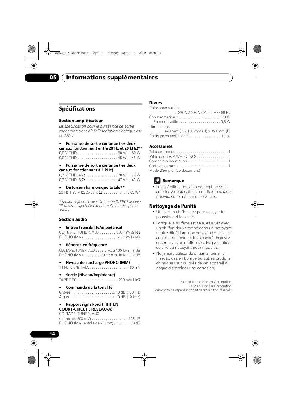 Spécifications, Nettoyage de l’unité, Informations supplémentaires 05 | Pioneer A-A6MK2-K User Manual | Page 28 / 99