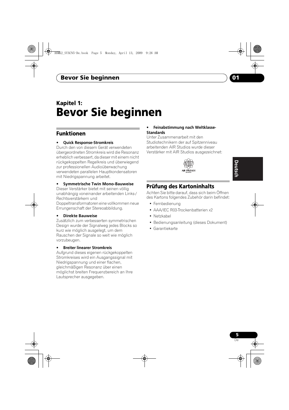Funktionen, Prüfung des kartoninhalts, Bevor sie beginnen | Bevor sie beginnen 01, Kapitel 1 | Pioneer A-A6MK2-K User Manual | Page 33 / 99