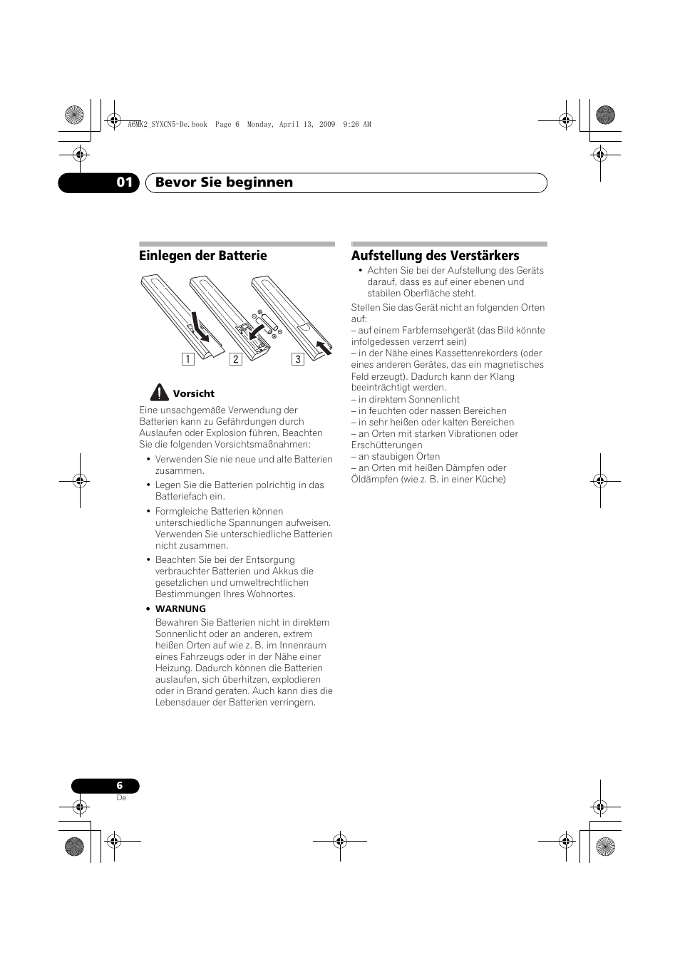 Einlegen der batterie, Aufstellung des verstärkers, Bevor sie beginnen 01 | Pioneer A-A6MK2-K User Manual | Page 34 / 99