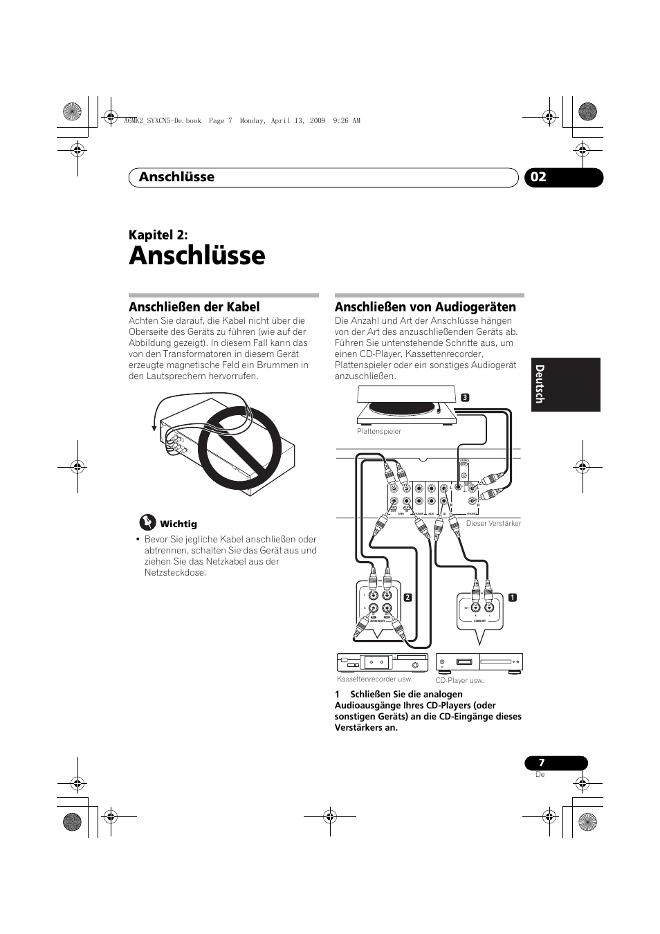 Anschließen der kabel, Anschließen von audiogeräten, Anschlüsse | Anschlüsse 02, Kapitel 2 | Pioneer A-A6MK2-K User Manual | Page 35 / 99
