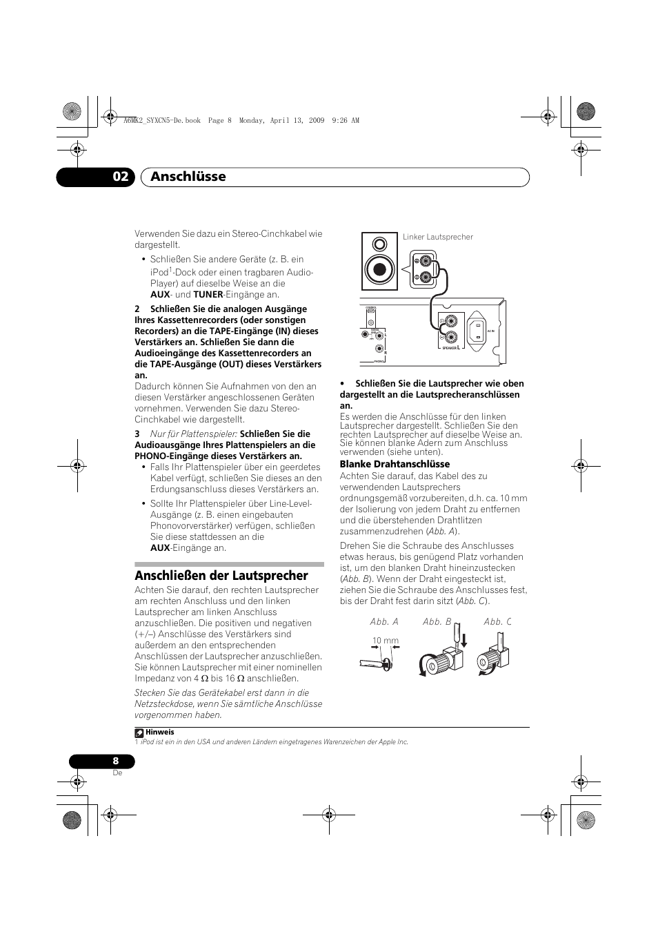 Anschließen der lautsprecher, Anschlüsse 02 | Pioneer A-A6MK2-K User Manual | Page 36 / 99