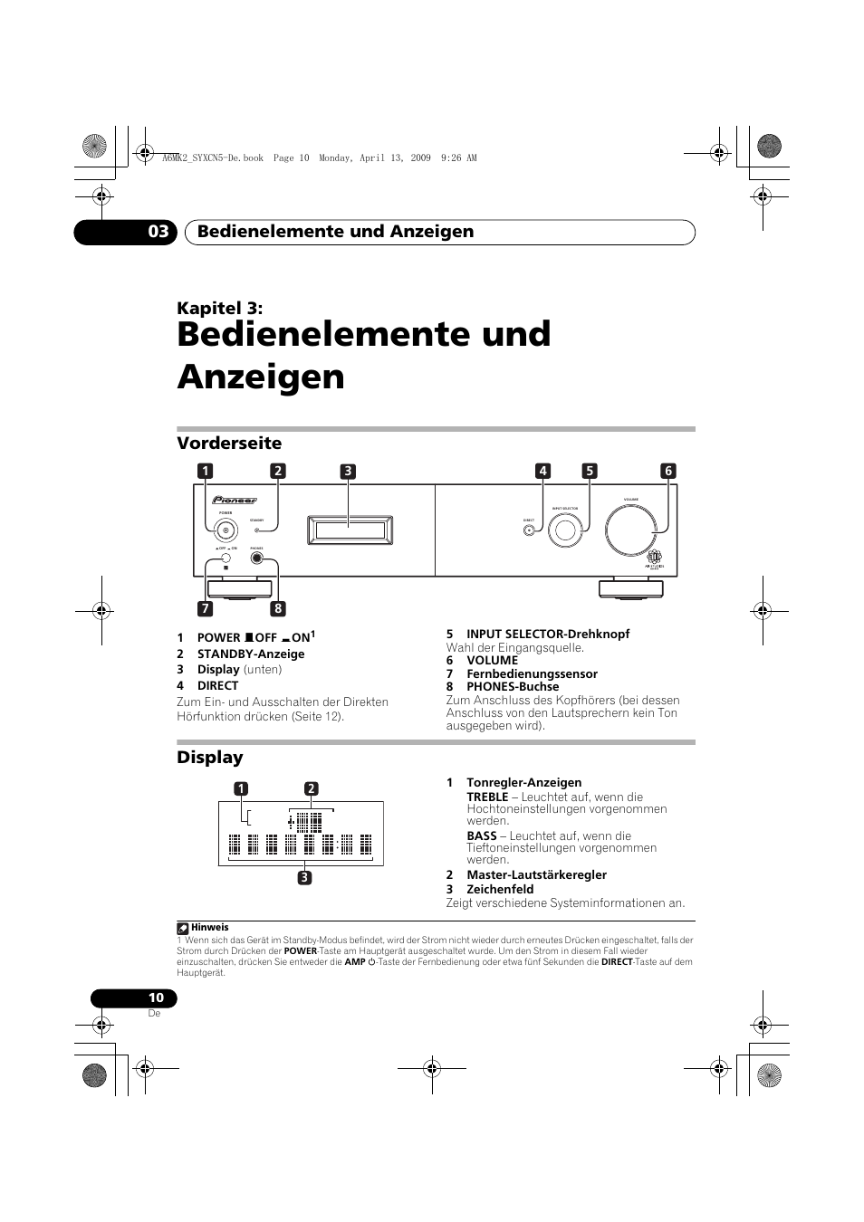 Vorderseite, Display, Bedienelemente und anzeigen | Bedienelemente und anzeigen 03, Kapitel 3 | Pioneer A-A6MK2-K User Manual | Page 38 / 99