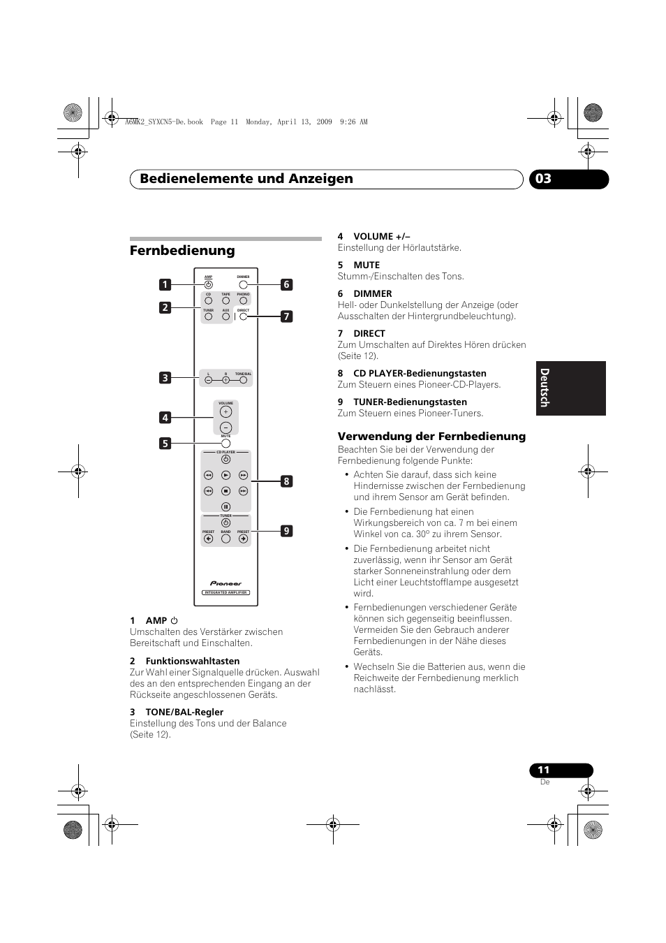 Fernbedienung, Verwendung der fernbedienung, Bedienelemente und anzeigen 03 | Pioneer A-A6MK2-K User Manual | Page 39 / 99
