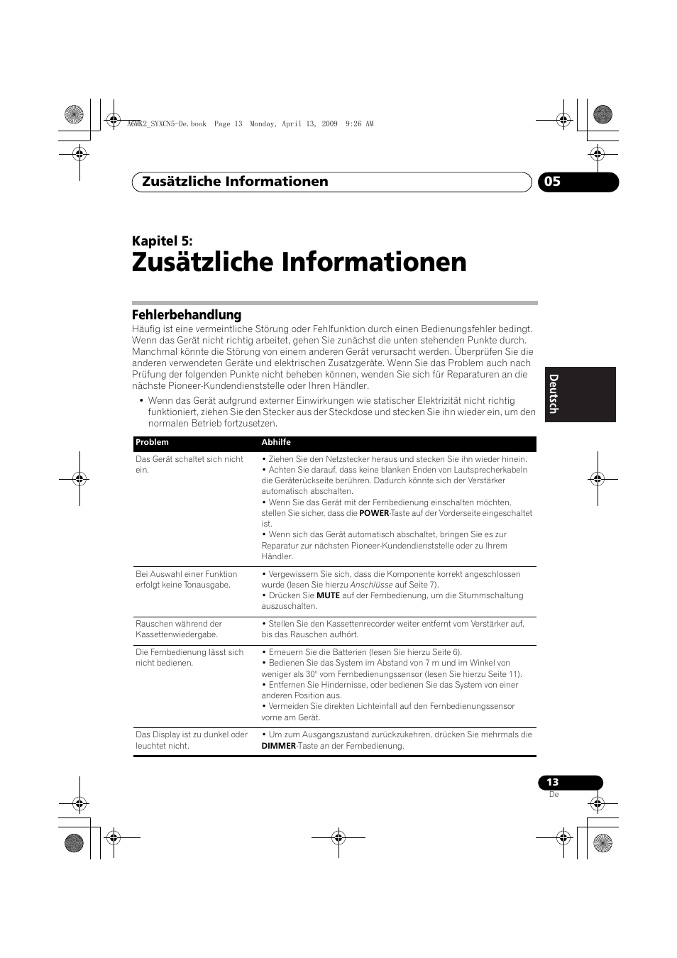 Fehlerbehandlung, Zusätzliche informationen, Zusätzliche informationen 05 | Kapitel 5 | Pioneer A-A6MK2-K User Manual | Page 41 / 99
