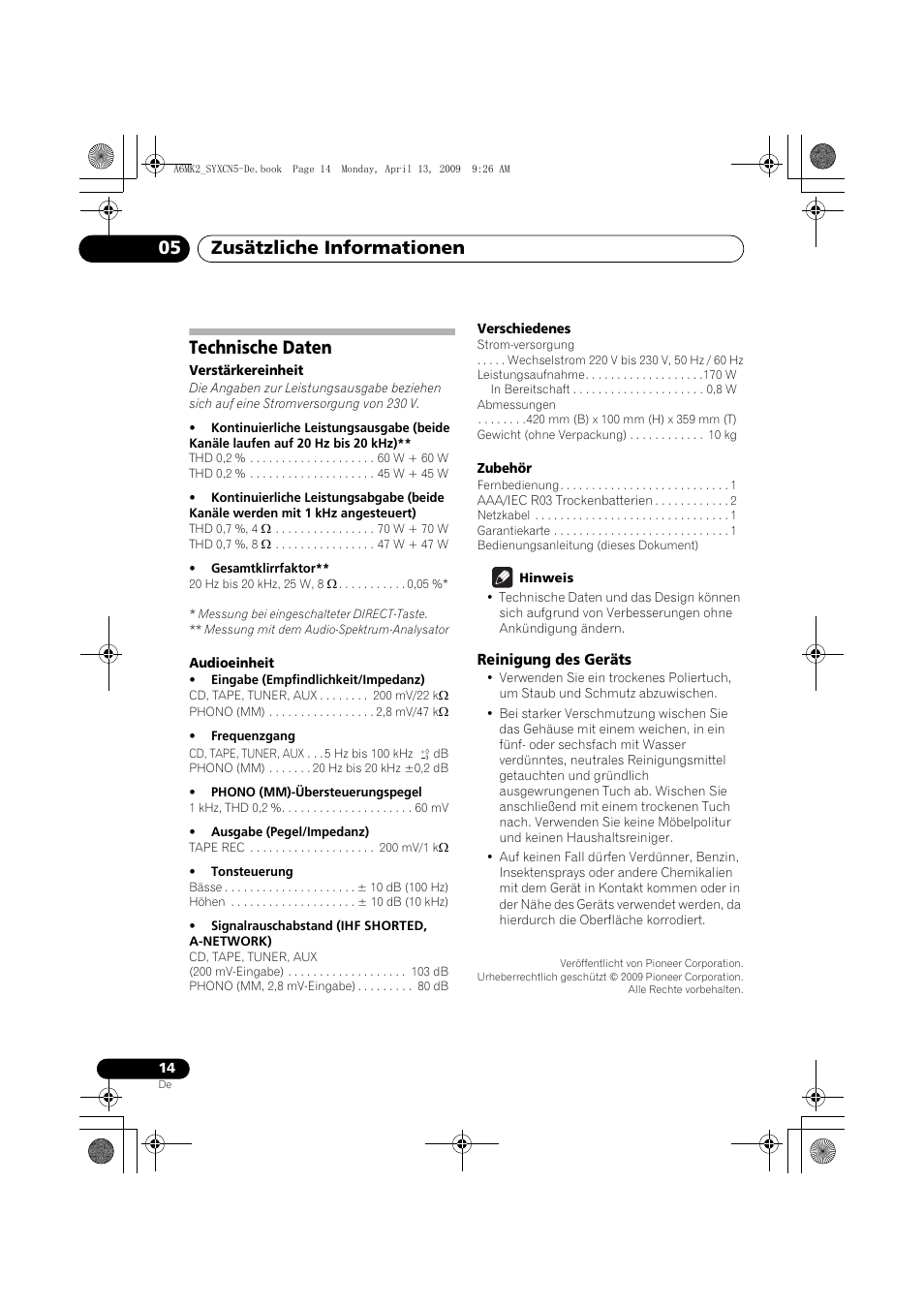 Technische daten, Reinigung des geräts, Zusätzliche informationen 05 | Pioneer A-A6MK2-K User Manual | Page 42 / 99