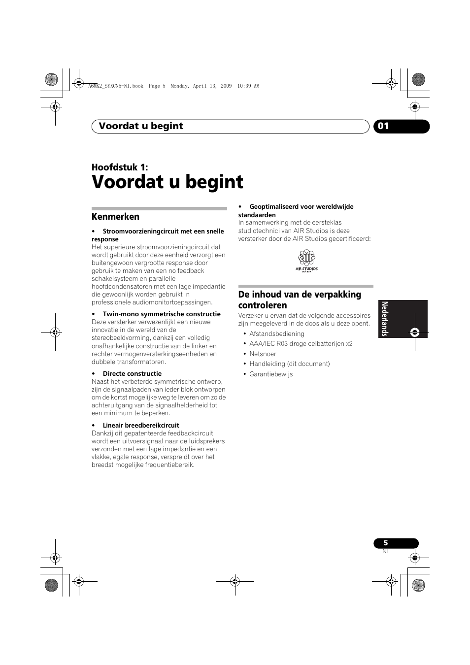 Kenmerken, De inhoud van de verpakking controleren, Voordat u begint | Voordat u begint 01, Hoofdstuk 1 | Pioneer A-A6MK2-K User Manual | Page 47 / 99