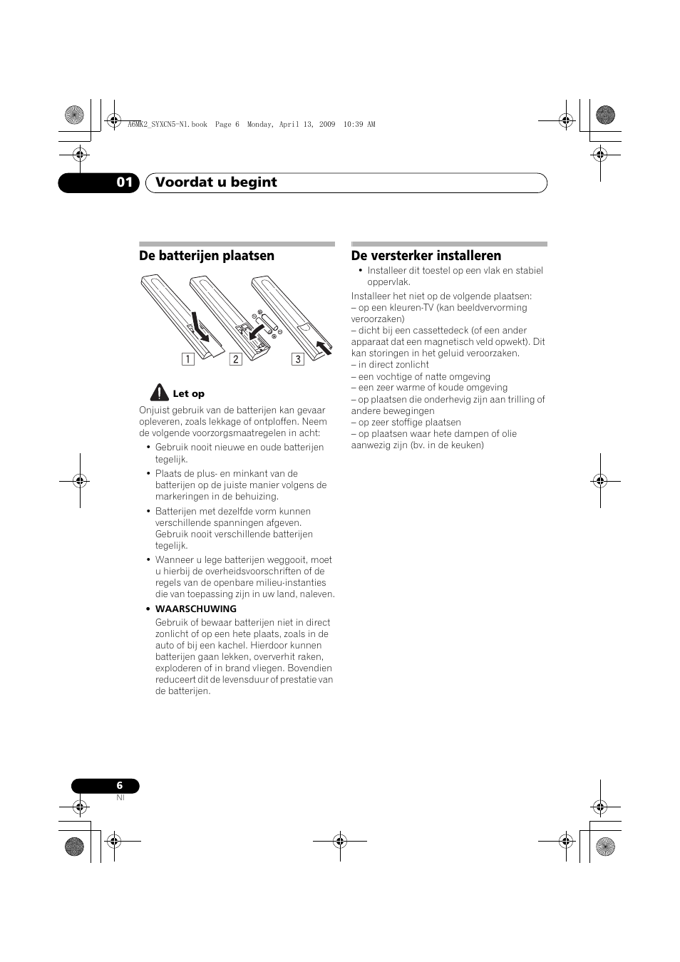 De batterijen plaatsen, De versterker installeren, Voordat u begint 01 | Pioneer A-A6MK2-K User Manual | Page 48 / 99