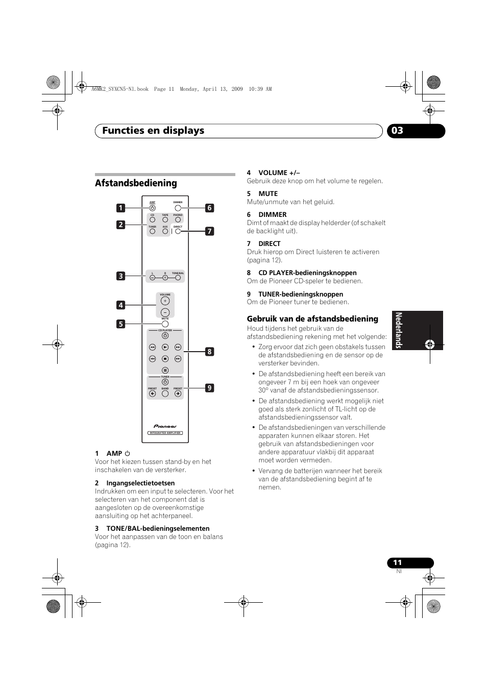 Afstandsbediening, Gebruik van de afstandsbediening, Functies en displays 03 | Pioneer A-A6MK2-K User Manual | Page 53 / 99