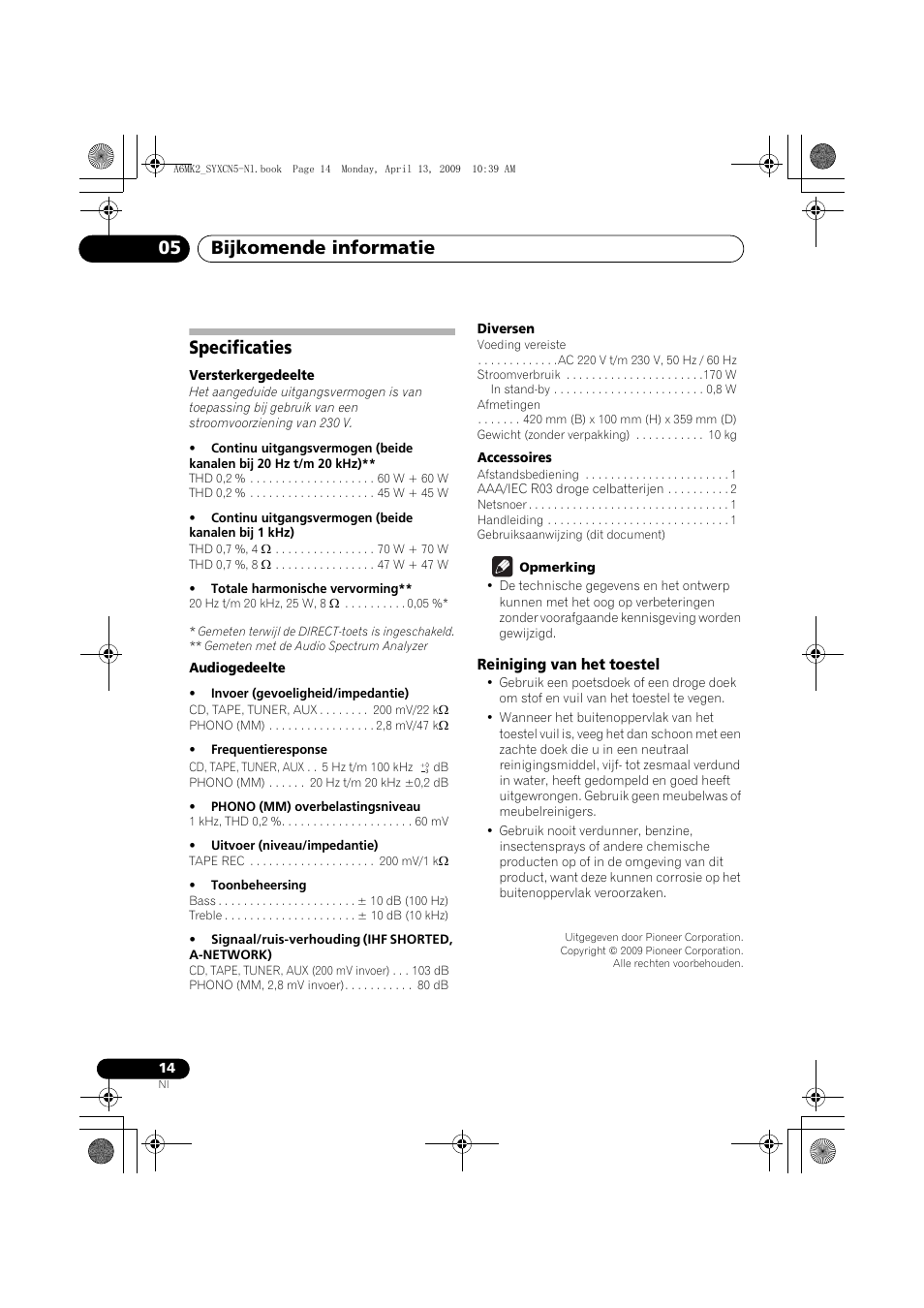 Specificaties, Reiniging van het toestel, Bijkomende informatie 05 | Pioneer A-A6MK2-K User Manual | Page 56 / 99