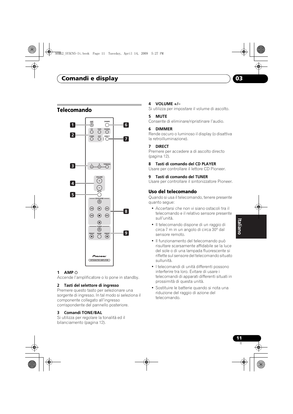 Telecomando, Uso del telecomando, Comandi e display 03 | Pioneer A-A6MK2-K User Manual | Page 67 / 99