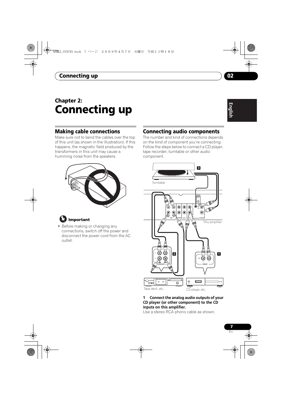 Making cable connections, Connecting audio components, Connecting up | Connecting up 02, Chapter 2 | Pioneer A-A6MK2-K User Manual | Page 7 / 99