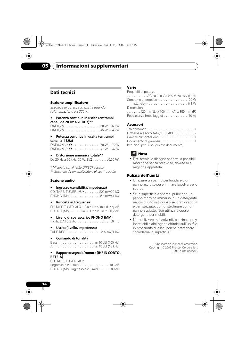 Dati tecnici, Pulizia dell’unità, Informazioni supplementari 05 | Pioneer A-A6MK2-K User Manual | Page 70 / 99