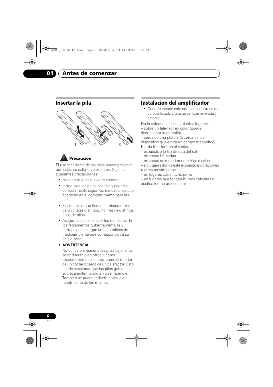 Insertar la pila, Instalación del amplificador, Antes de comenzar 01 | Pioneer A-A6MK2-K User Manual | Page 76 / 99