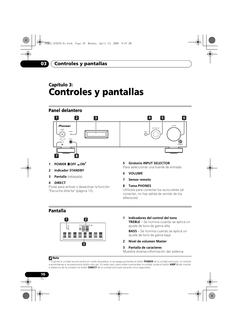 Panel delantero, Pantalla, Controles y pantallas | Controles y pantallas 03, Capítulo 3 | Pioneer A-A6MK2-K User Manual | Page 80 / 99