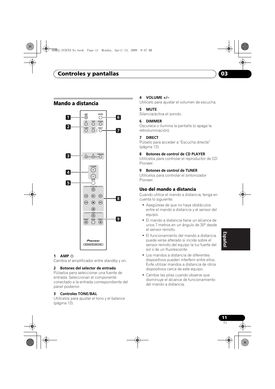 Mando a distancia, Uso del mando a distancia, Controles y pantallas 03 | Pioneer A-A6MK2-K User Manual | Page 81 / 99