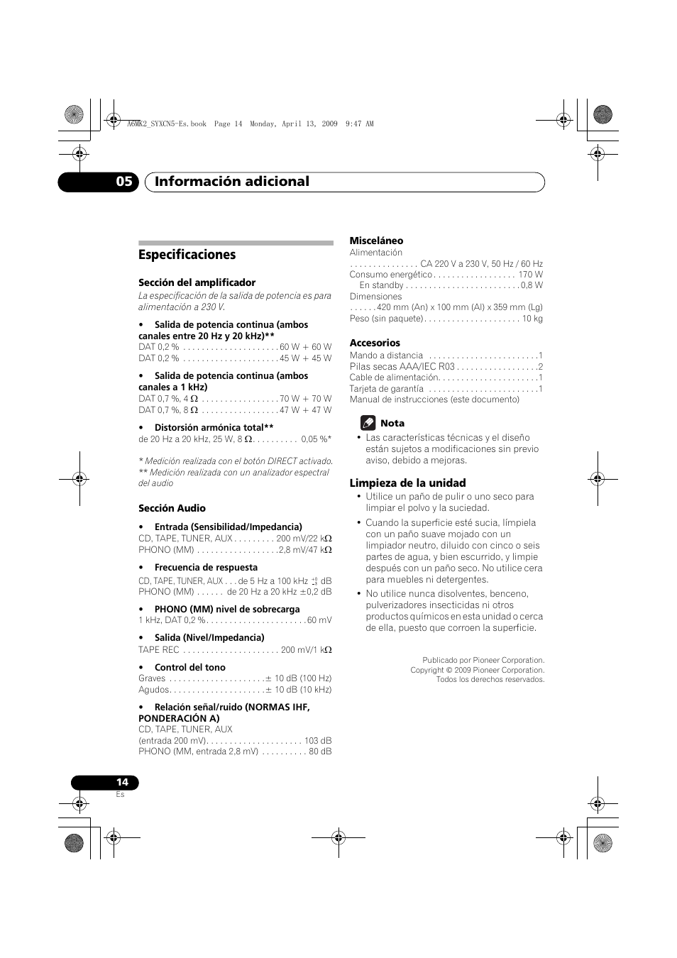 Especificaciones, Limpieza de la unidad, Información adicional 05 | Pioneer A-A6MK2-K User Manual | Page 84 / 99