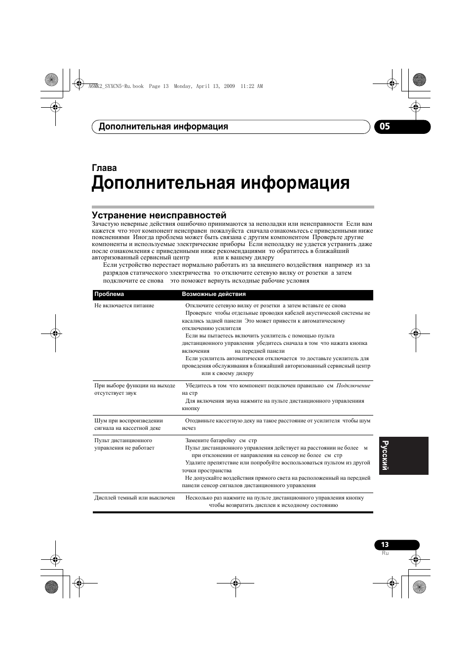 Устранение неисправностей, Дополнительная информация, Дополнительная информация 05 | Глава 5 | Pioneer A-A6MK2-K User Manual | Page 97 / 99