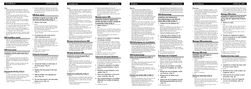Instalación <español, Din-befestigung von vorne/hinten, Din-vordermontage | Din-rückmontage, Befestigen der frontplatte, Montage din avant/arrière, Montage din avant, Montage din arrière, Fixation de la face avant, Montaje delantero/trasero din | Pioneer DEH-P6800MP User Manual | Page 2 / 7