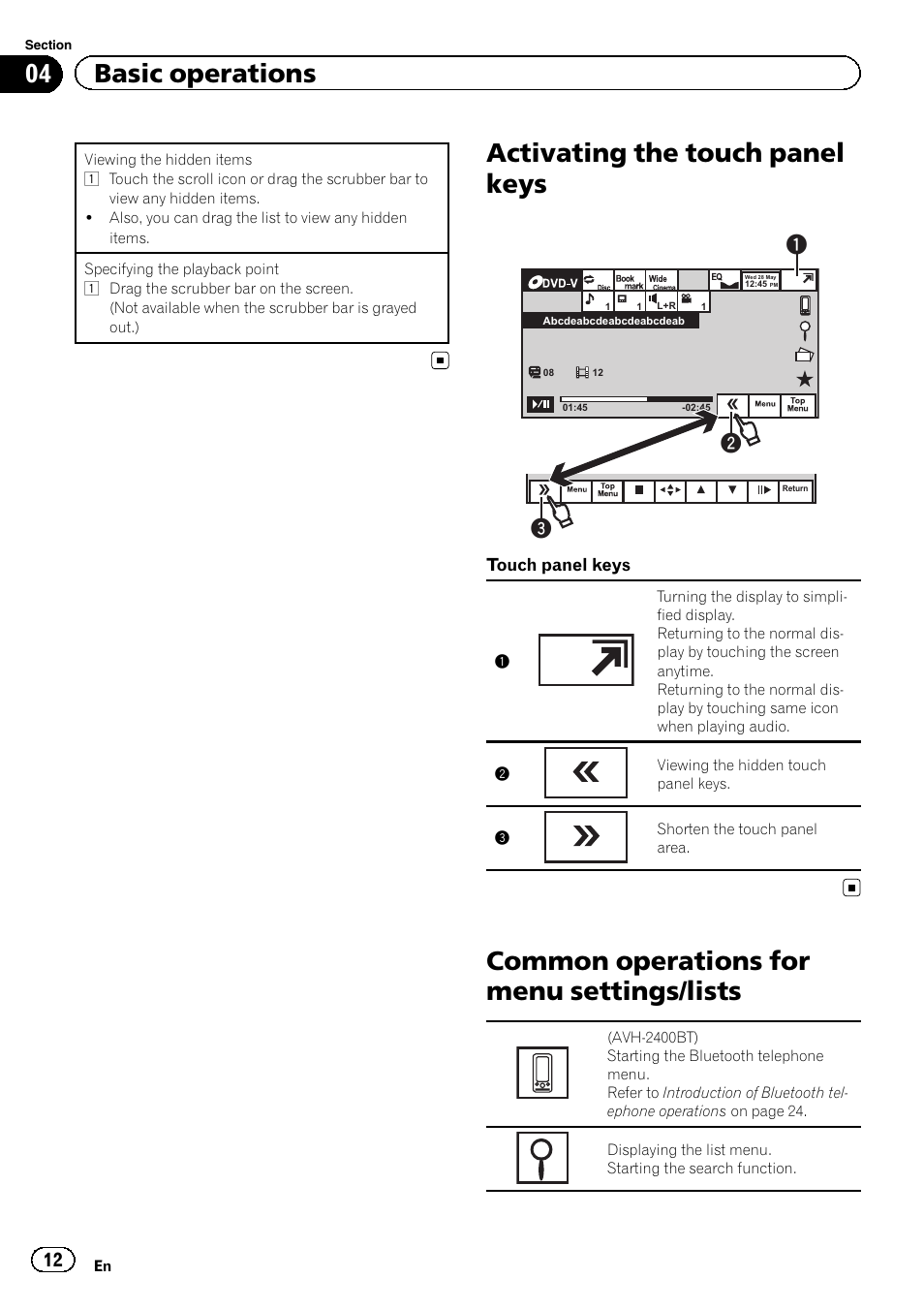 Activating the touch panel keys, Common operations for menu settings, Lists | Common operations for menu settings/lists, 04 basic operations | Pioneer AVH-P3400DVD User Manual | Page 12 / 112