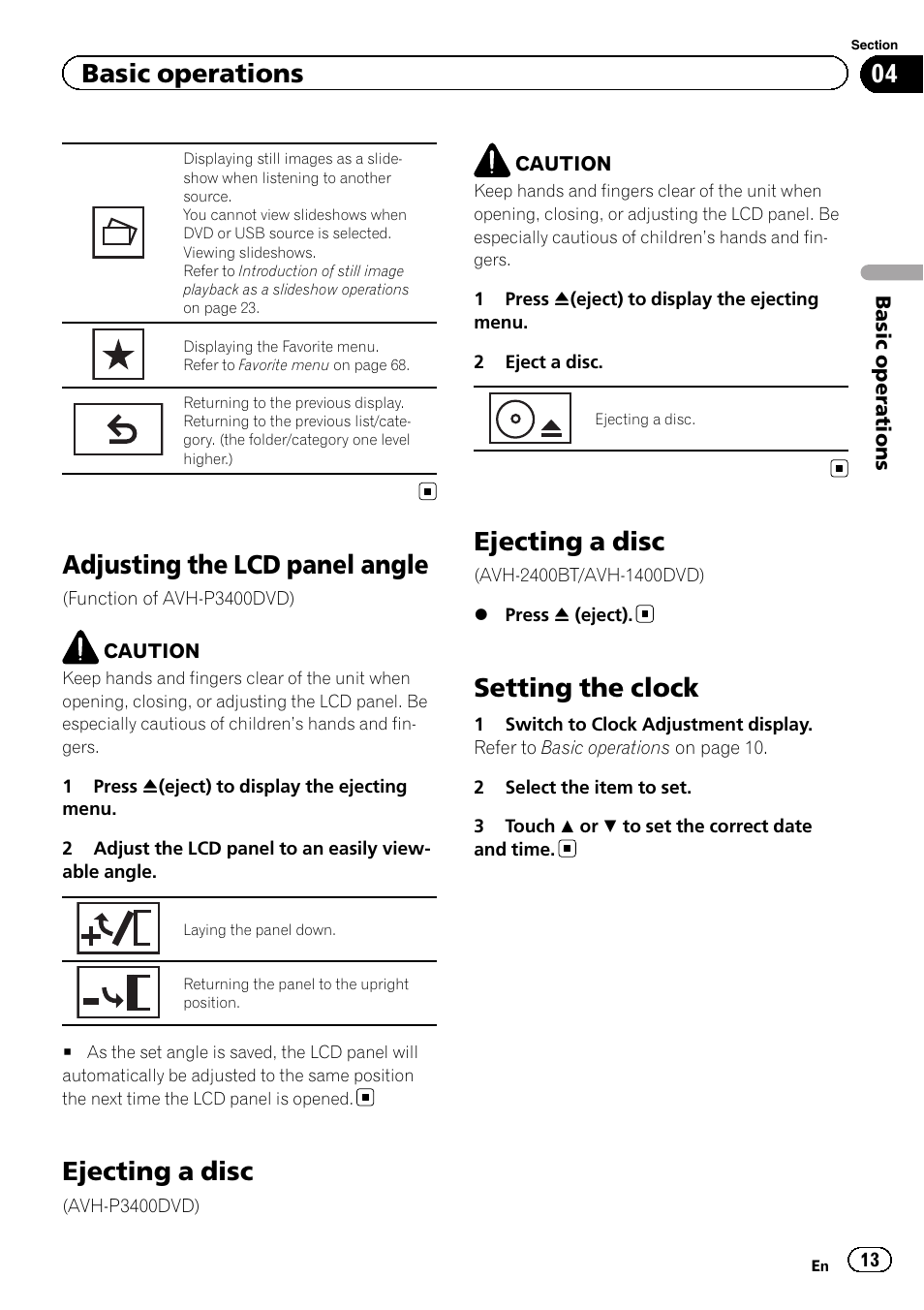 Adjusting the lcd panel angle, Ejecting a disc, Setting the clock | Basic operations | Pioneer AVH-P3400DVD User Manual | Page 13 / 112