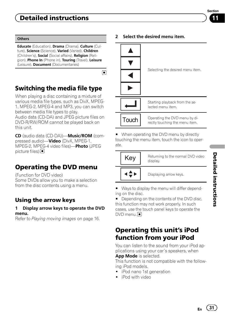 Switching the media file type, Operating the dvd menu, Operating this unit | S ipod function from your, Ipod, S ipod function from, Detailed instructions, Using the arrow keys | Pioneer AVH-P3400DVD User Manual | Page 31 / 112