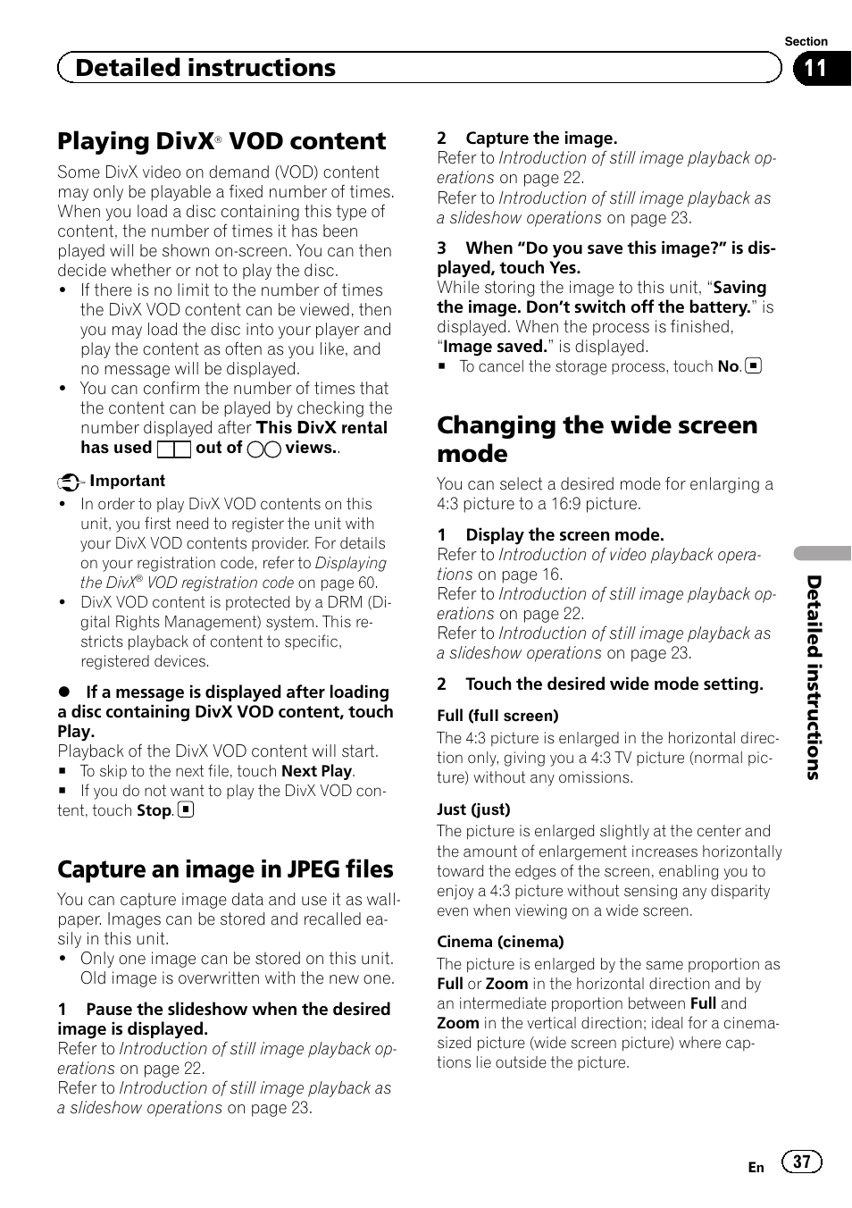 Playing divx, Â vod content 37, Capture an image in jpeg files | Changing the wide screen mode, Vod content, Detailed instructions | Pioneer AVH-P3400DVD User Manual | Page 37 / 112