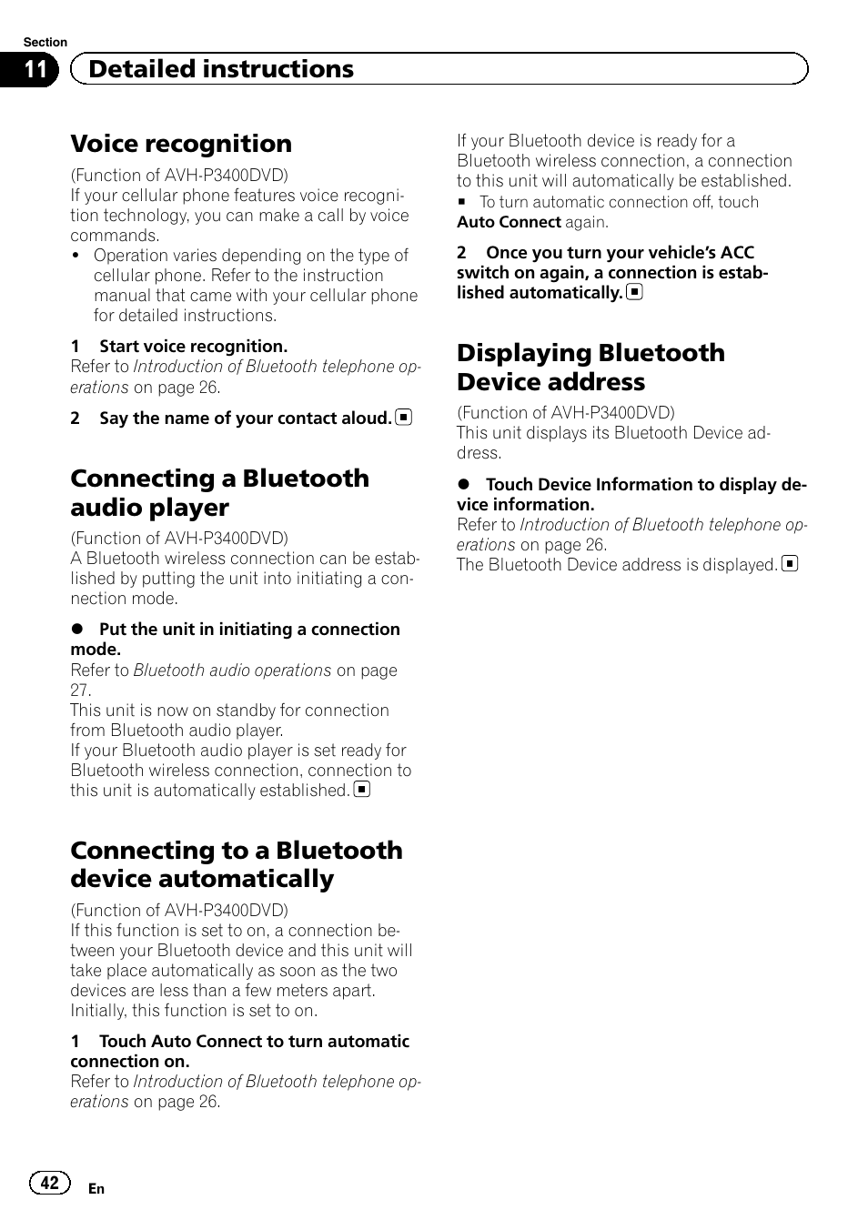 Voice recognition, Connecting a bluetooth audio player, Connecting to a bluetooth device | Automatically, Displaying bluetooth device address, Connecting to a bluetooth device automatically, 11 detailed instructions | Pioneer AVH-P3400DVD User Manual | Page 42 / 112