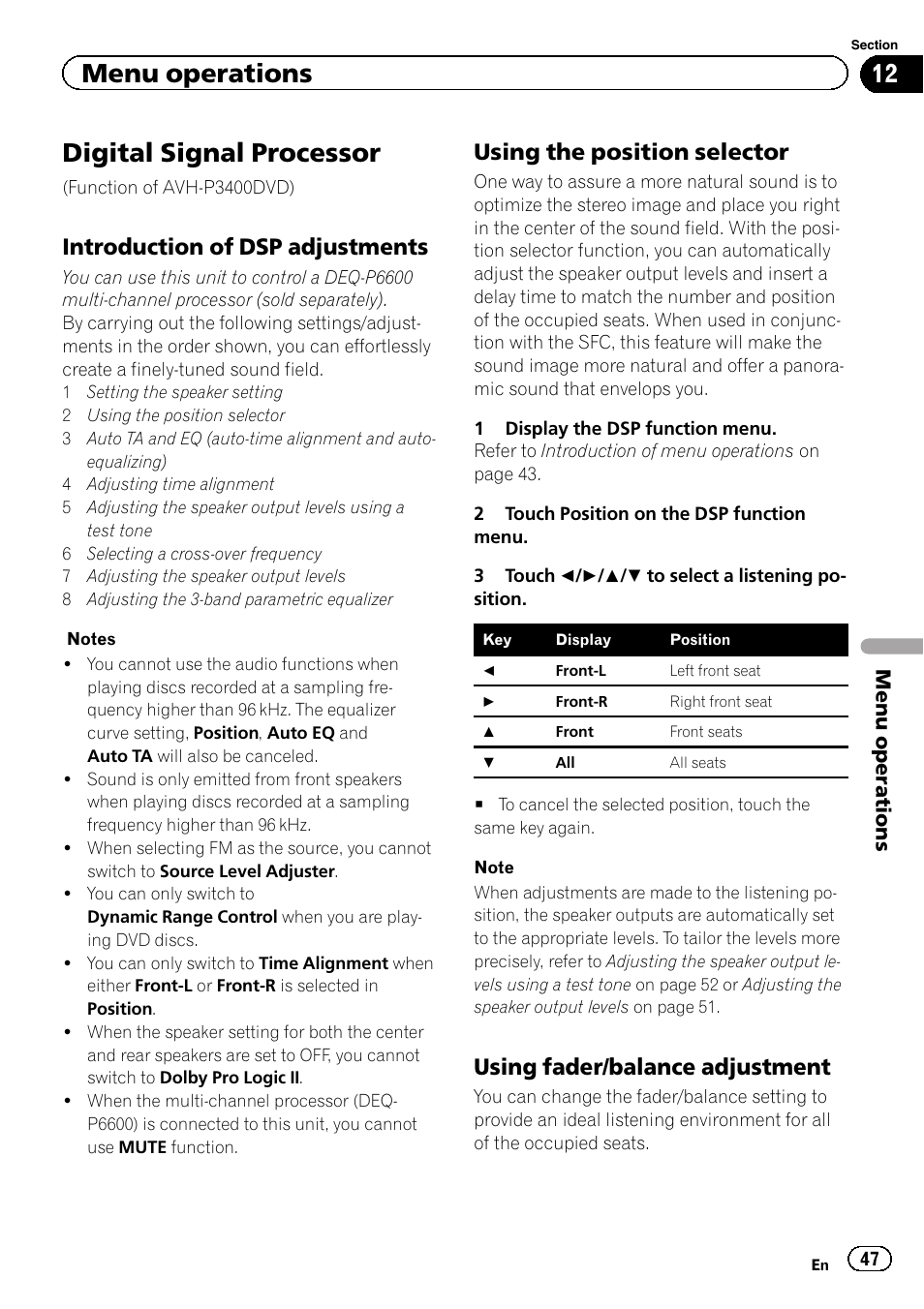 Digital signal processor, Menu operations, Introduction of dsp adjustments | Using the position selector, Using fader/balance adjustment | Pioneer AVH-P3400DVD User Manual | Page 47 / 112