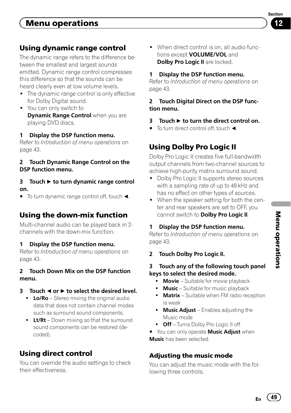 Menu operations, Using dynamic range control, Using the down-mix function | Using direct control, Using dolby pro logic ii | Pioneer AVH-P3400DVD User Manual | Page 49 / 112