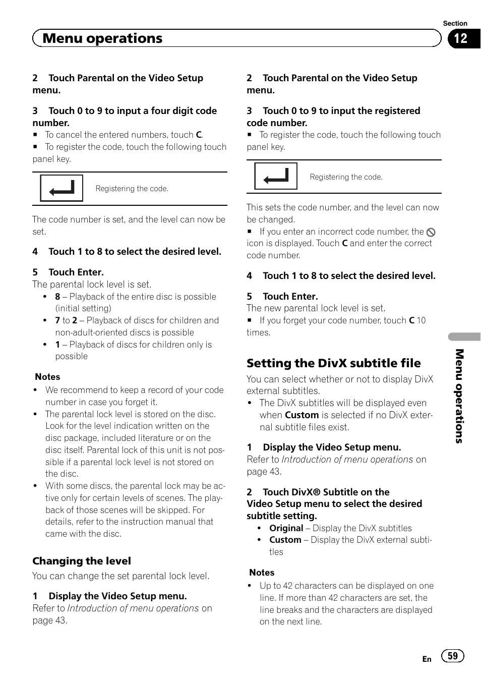 Menu operations, Setting the divx subtitle file | Pioneer AVH-P3400DVD User Manual | Page 59 / 112