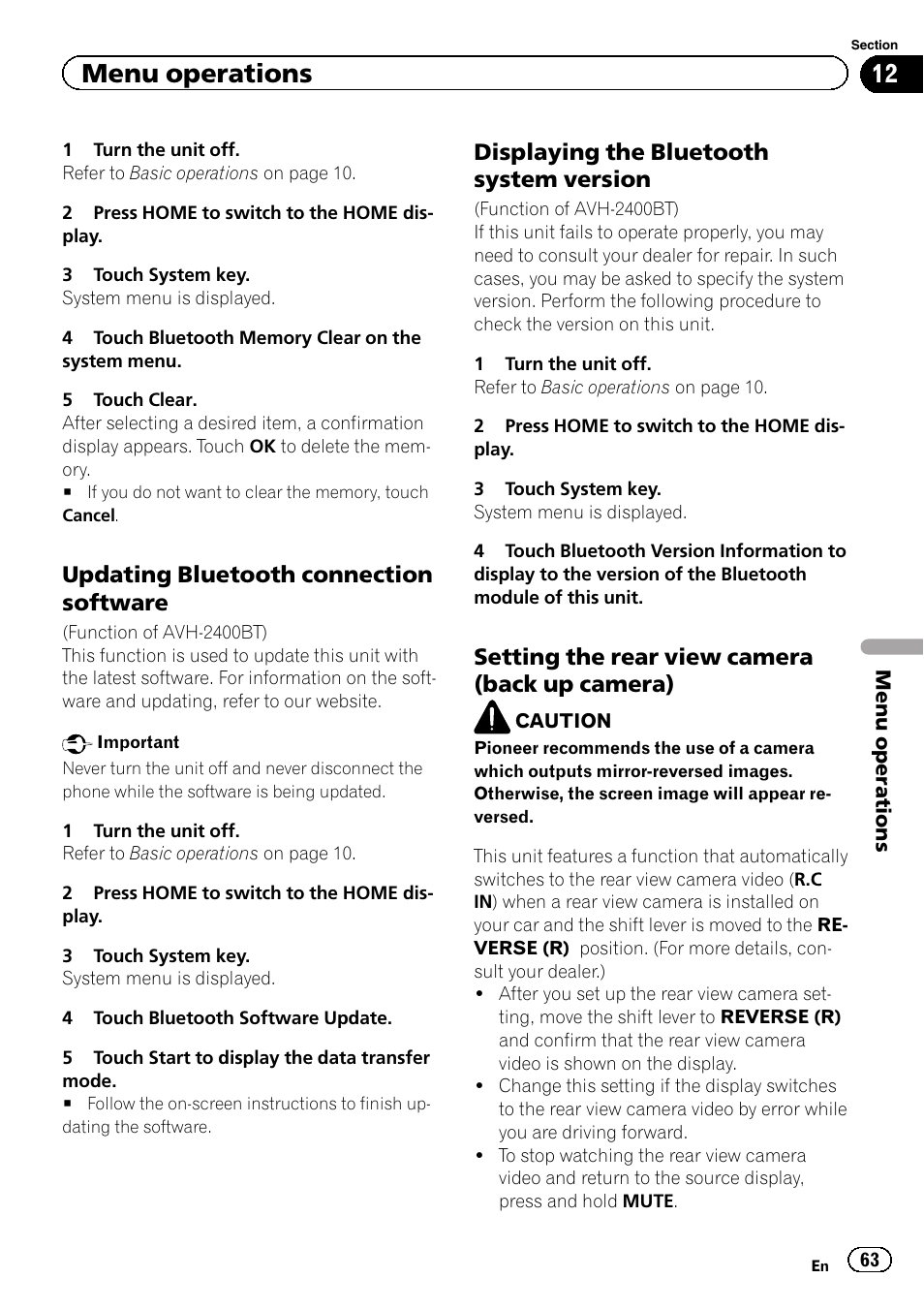 Menu operations, Updating bluetooth connection software, Displaying the bluetooth system version | Setting the rear view camera (back up camera) | Pioneer AVH-P3400DVD User Manual | Page 63 / 112