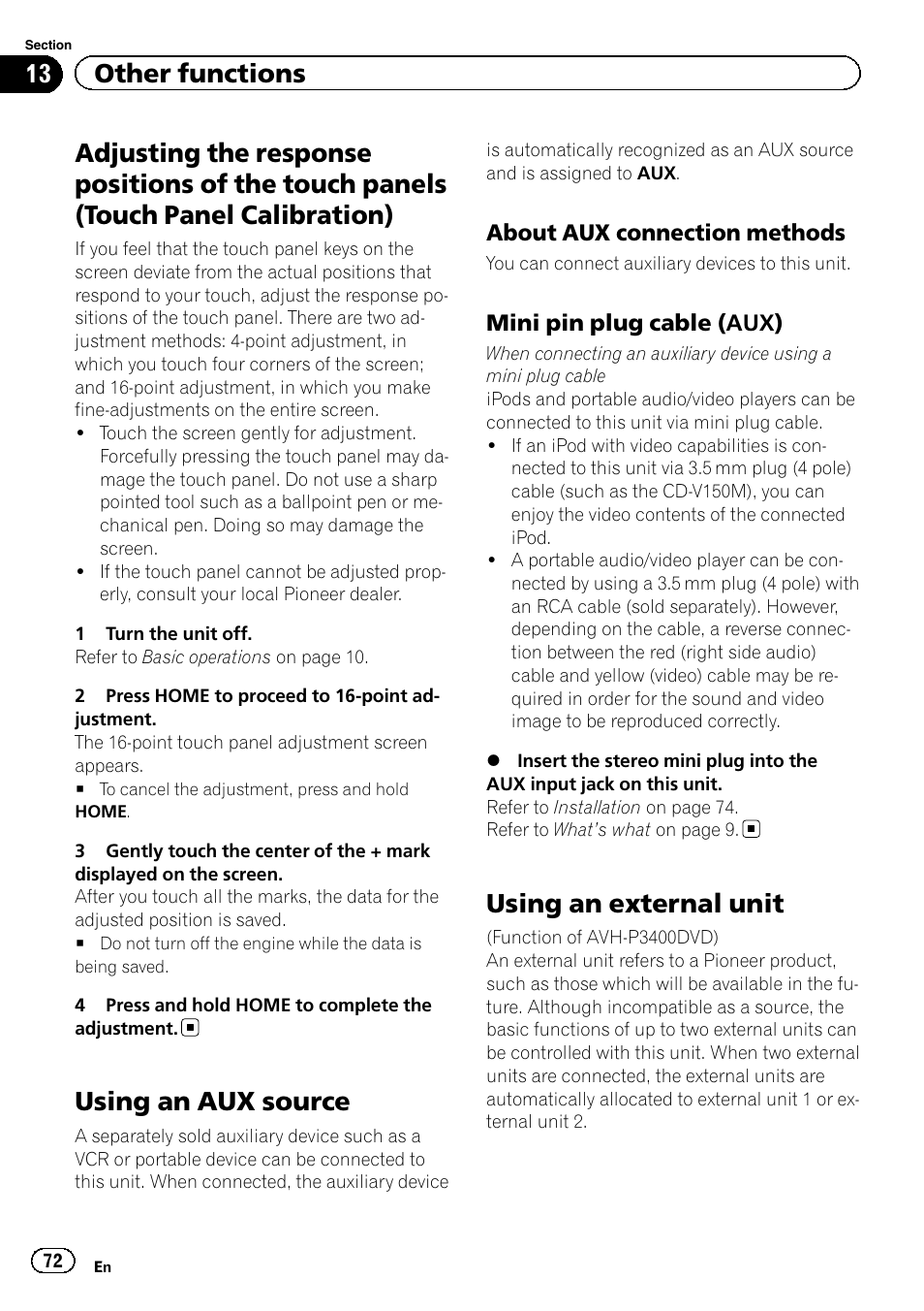 Touch panels (touch panel calibration), Using an aux source, Using an external unit | 13 other functions | Pioneer AVH-P3400DVD User Manual | Page 72 / 112